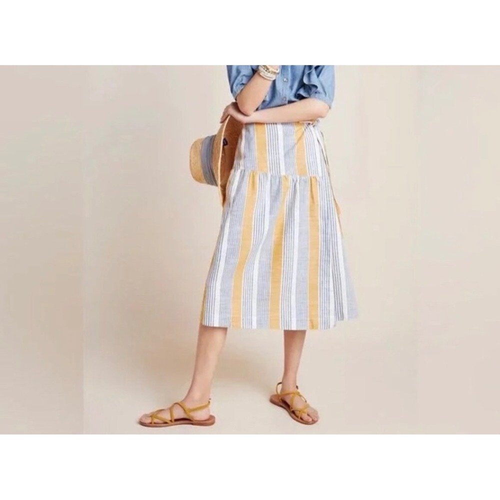 Maeve Anthropologie Striped Wrap Midi Skirt Yellow Blue White Size 4